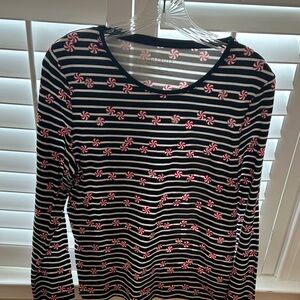 Talbots Black and White Striped Top with Red Pattern